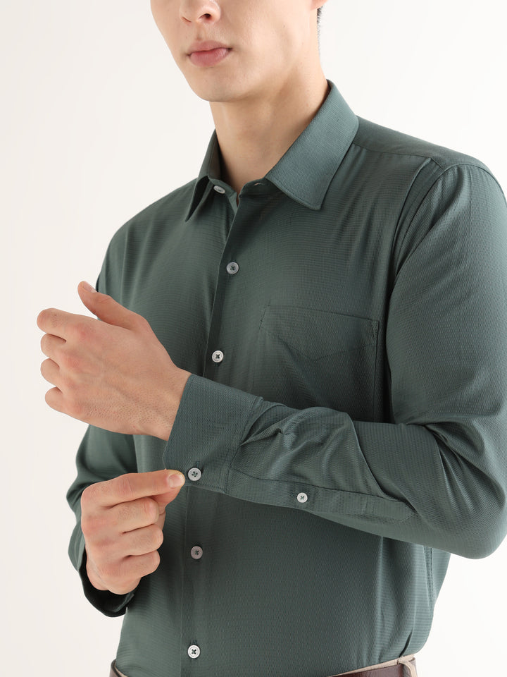 Hancock   Men   Pine Green   Solid Self Design   Pure Cotton   Slim Fit   Formal   Shirt