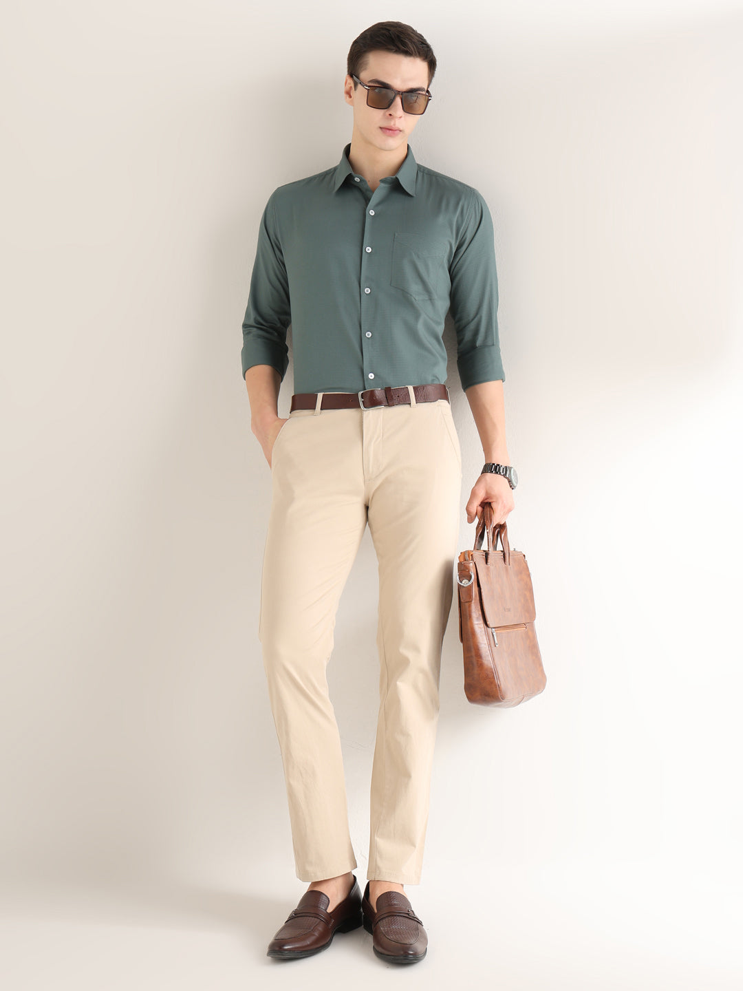 Hancock   Men   Pine Green   Solid Self Design   Pure Cotton   Slim Fit   Formal   Shirt