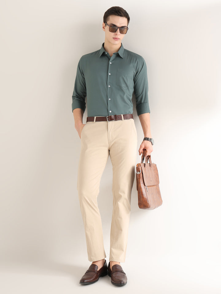 Hancock   Men   Pine Green   Solid Self Design   Pure Cotton   Slim Fit   Formal   Shirt