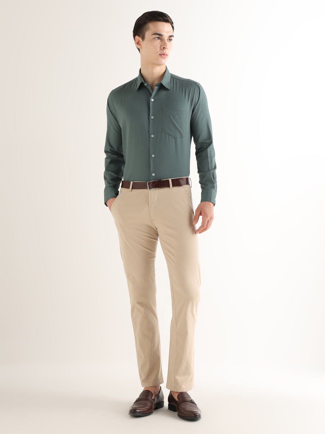 Hancock   Men   Pine Green   Solid Self Design   Pure Cotton   Slim Fit   Formal   Shirt