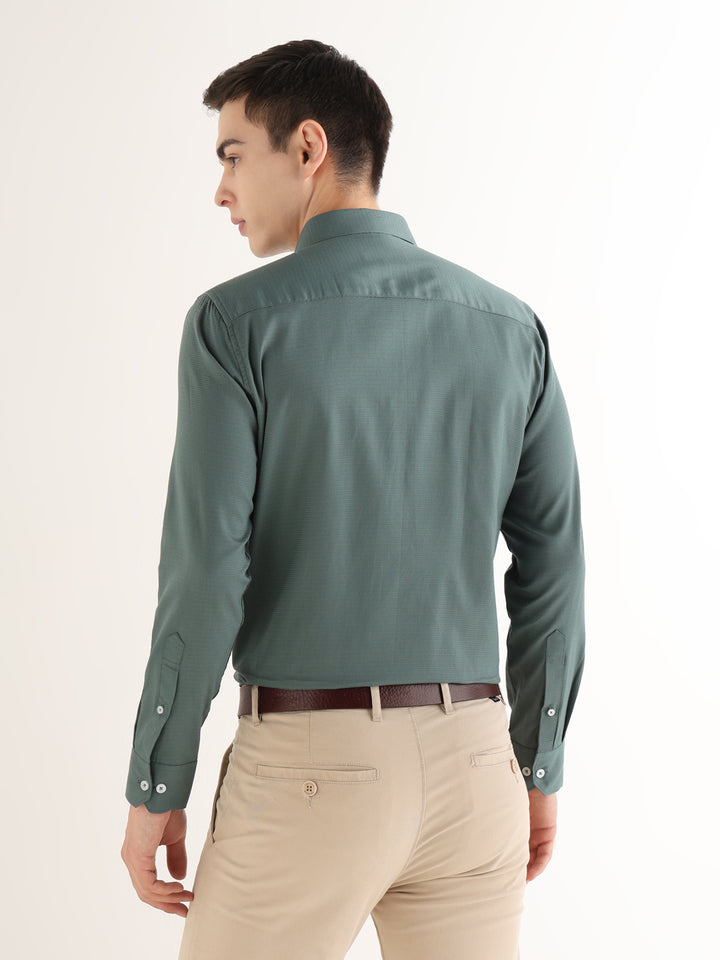 Hancock   Men   Pine Green   Solid Self Design   Pure Cotton   Slim Fit   Formal   Shirt