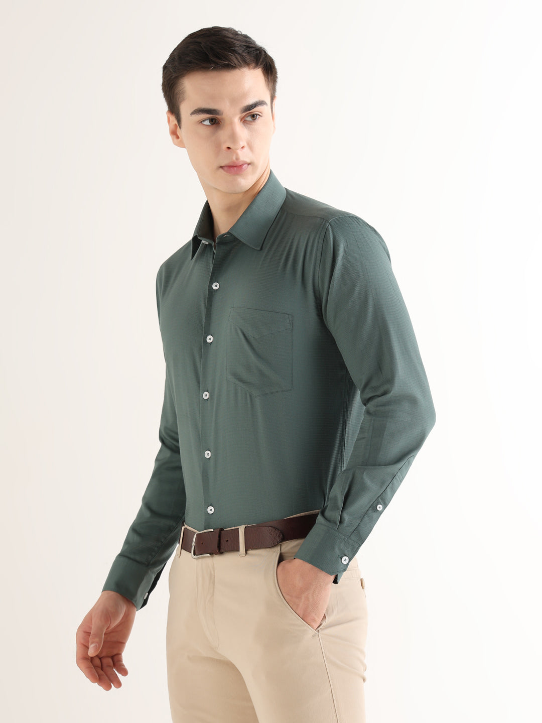 Hancock   Men   Pine Green   Solid Self Design   Pure Cotton   Slim Fit   Formal   Shirt