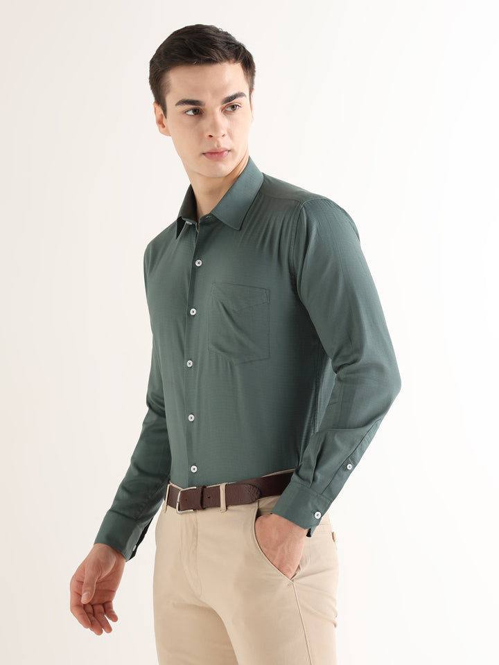 Hancock   Men   Pine Green   Solid Self Design   Pure Cotton   Slim Fit   Formal   Shirt