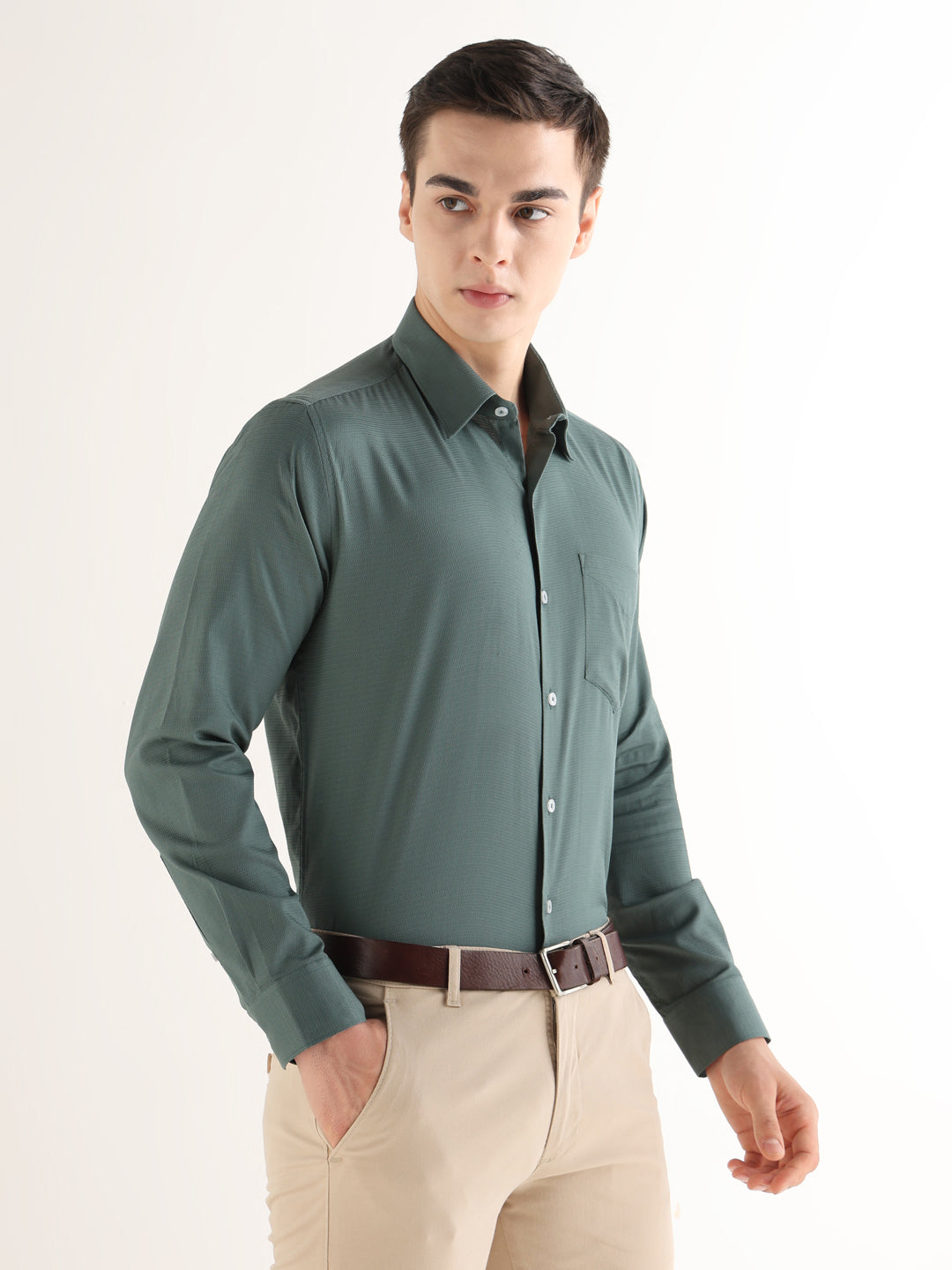 Hancock   Men   Pine Green   Solid Self Design   Pure Cotton   Slim Fit   Formal   Shirt