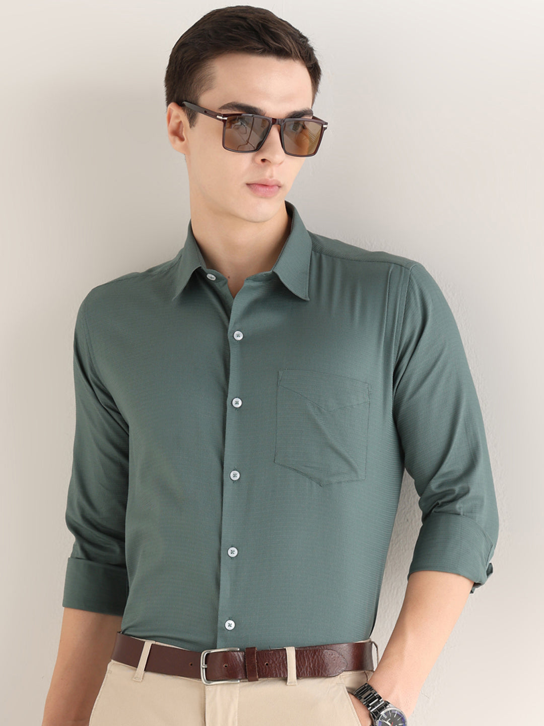 Hancock   Men   Pine Green   Solid Self Design   Pure Cotton   Slim Fit   Formal   Shirt