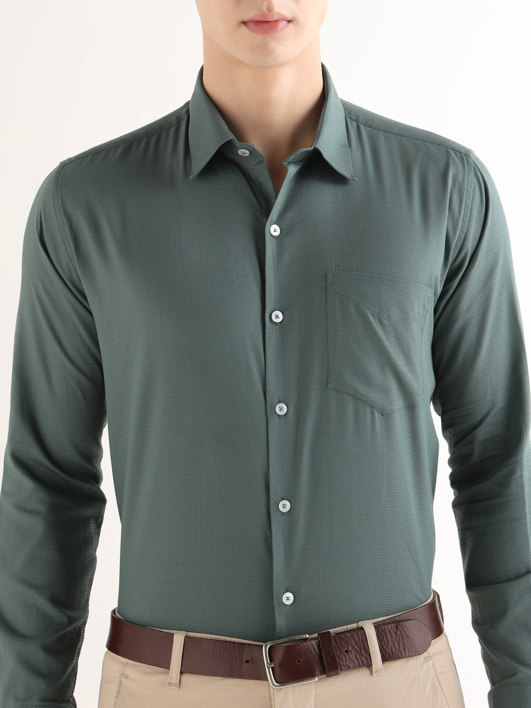 Hancock   Men   Pine Green   Solid Self Design   Pure Cotton   Slim Fit   Formal   Shirt
