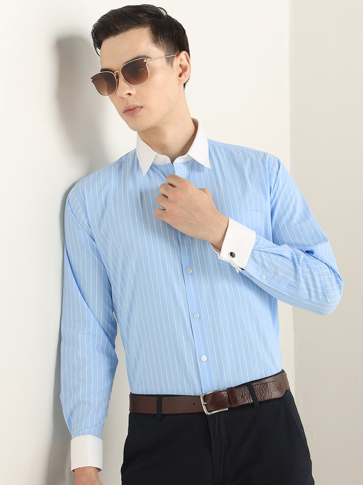 Hancock Men Blue Striped Pure Cotton Slim Fit Formal Shirt