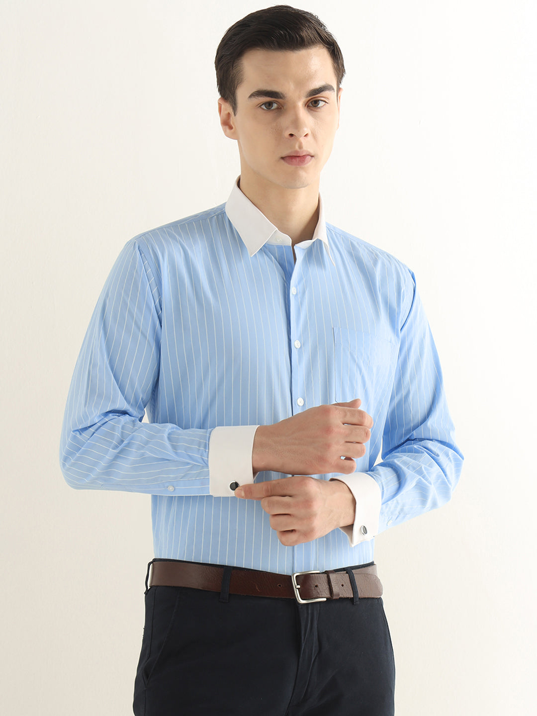 Hancock Men Blue Striped Pure Cotton Slim Fit Formal Shirt