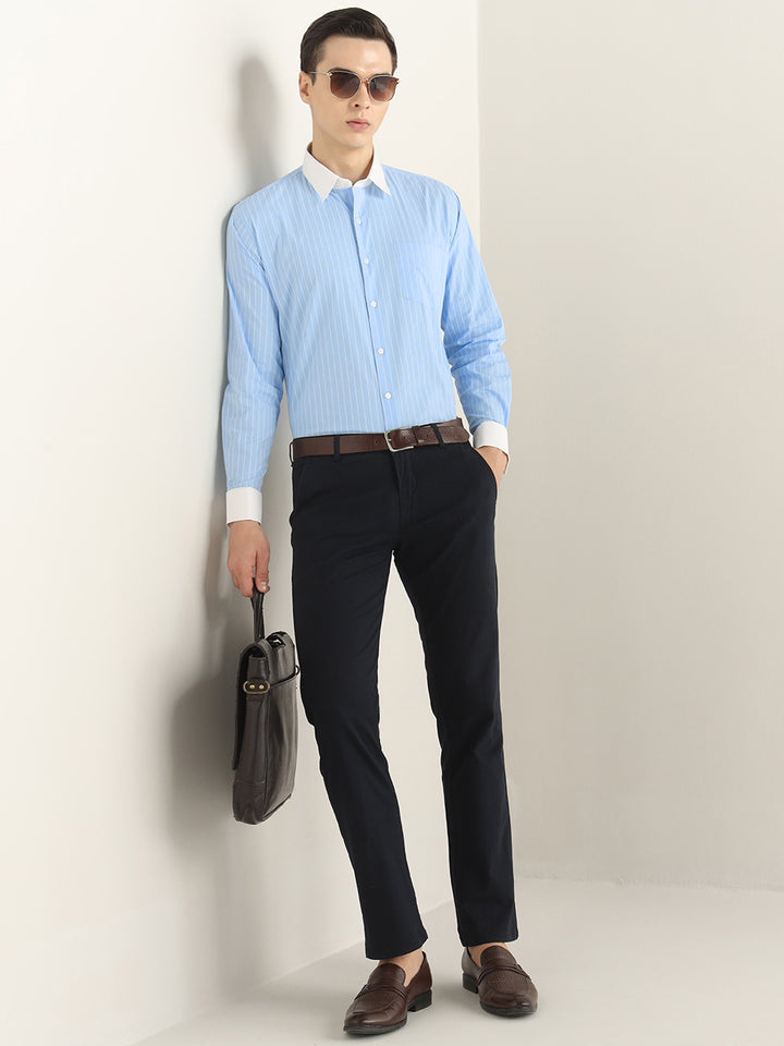Hancock Men Blue Striped Pure Cotton Slim Fit Formal Shirt