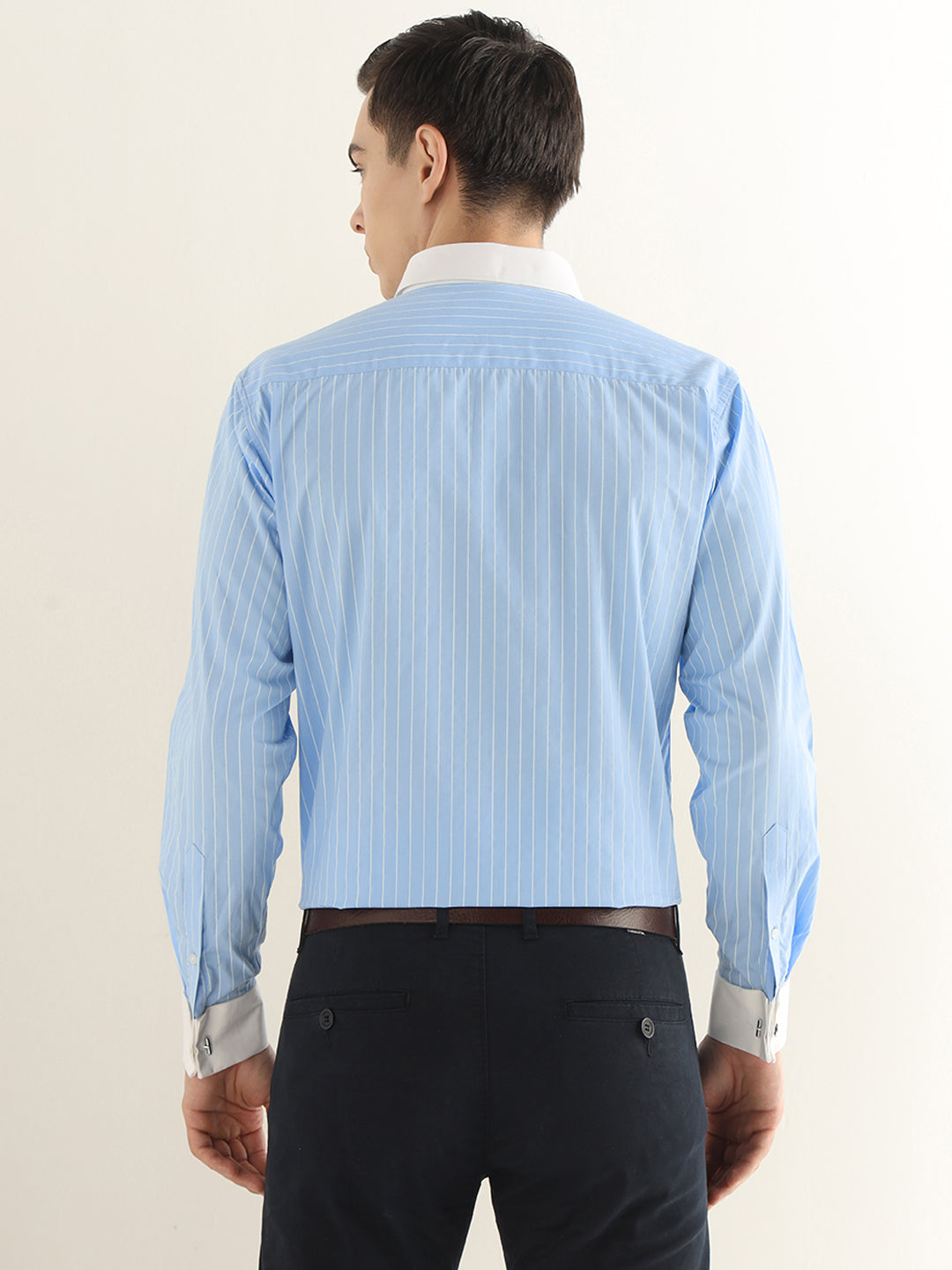 Hancock Men Blue Striped Pure Cotton Slim Fit Formal Shirt