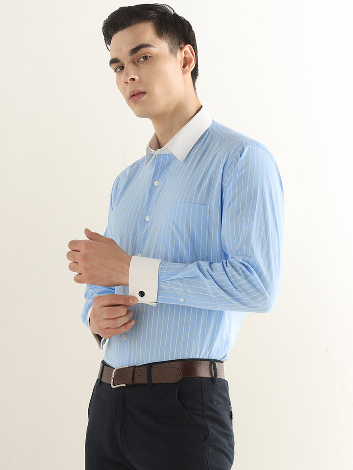 Hancock Men Blue Striped Pure Cotton Slim Fit Formal Shirt