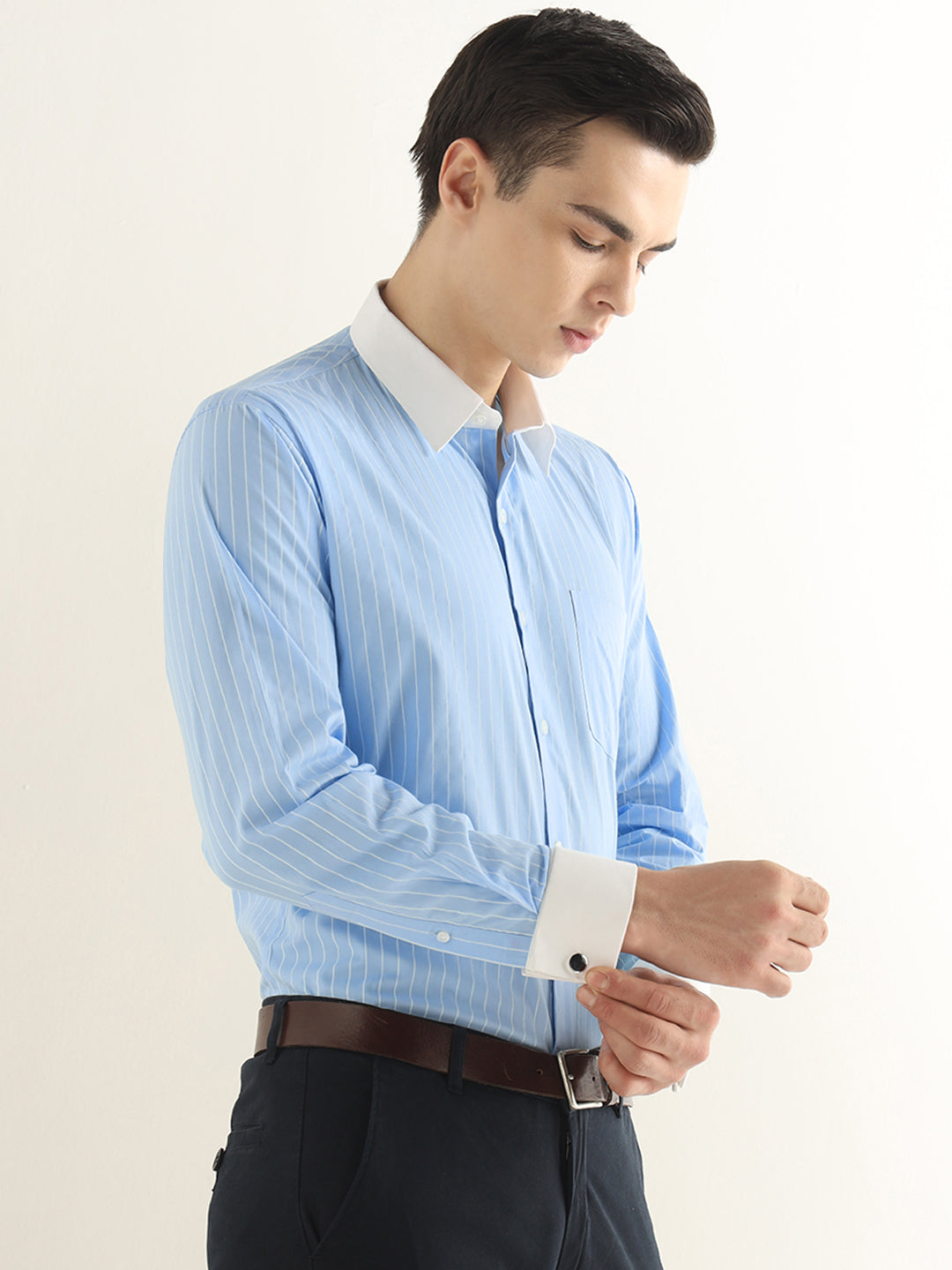 Hancock Men Blue Striped Pure Cotton Slim Fit Formal Shirt