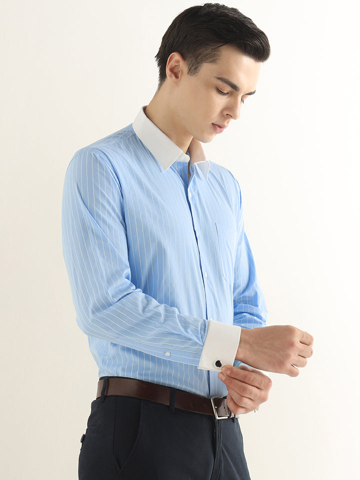 Hancock Men Blue Striped Pure Cotton Slim Fit Formal Shirt