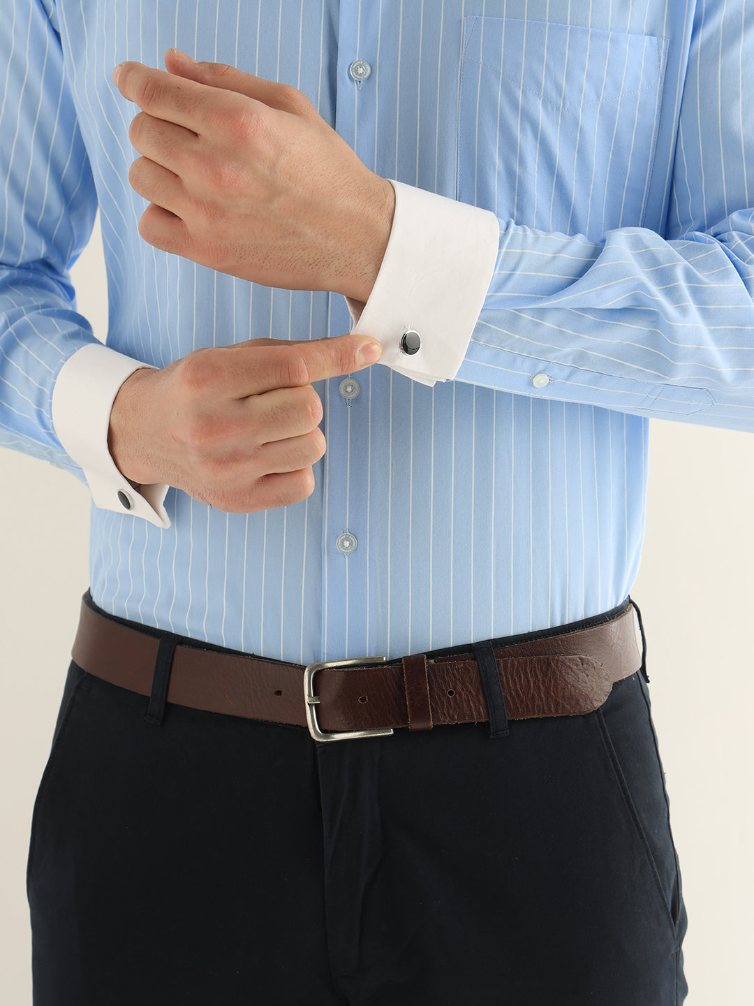 Hancock Men Blue Striped Pure Cotton Slim Fit Formal Shirt
