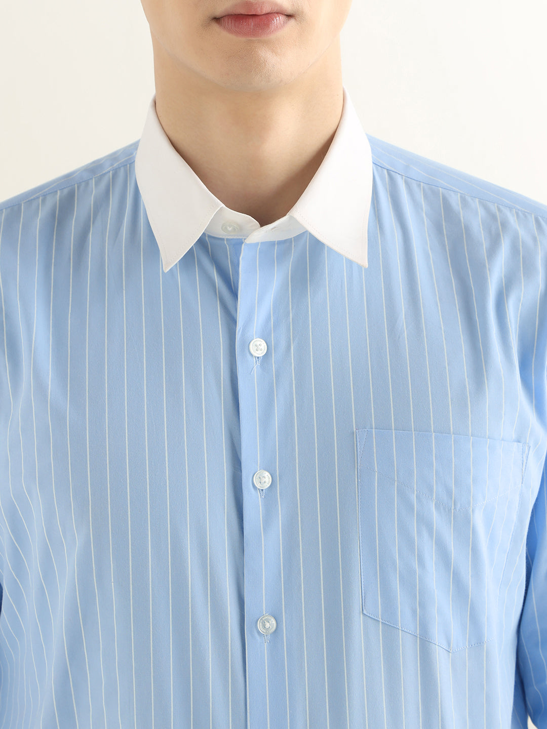 Hancock Men Blue Striped Pure Cotton Slim Fit Formal Shirt