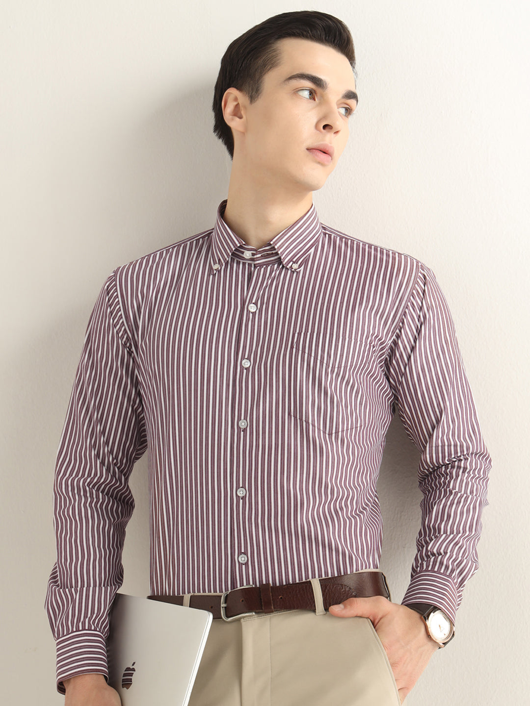 Hancock Men White & Maroon Striped Pure Cotton Slim Fit Formal Shirt