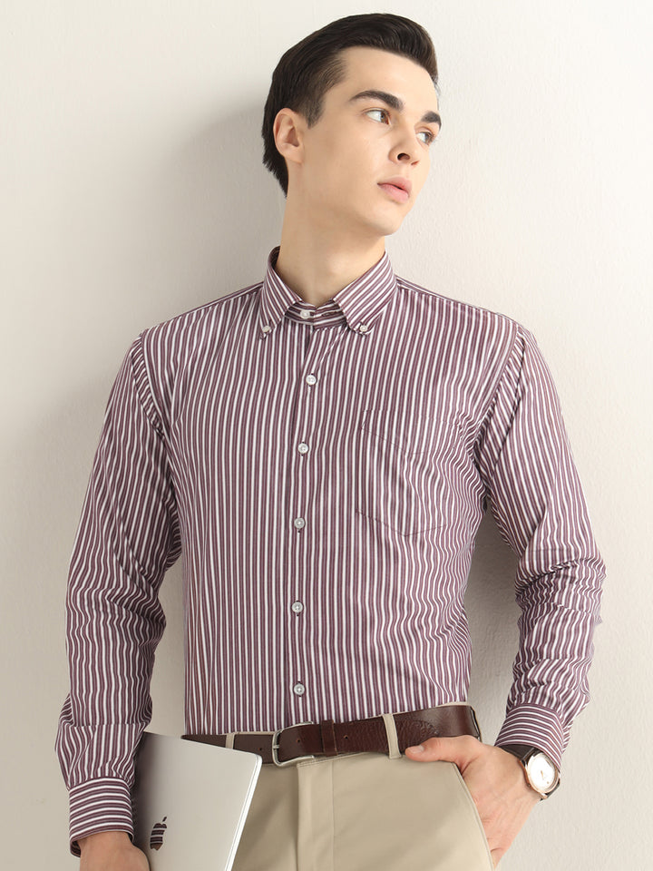 Hancock Men White & Maroon Striped Pure Cotton Slim Fit Formal Shirt