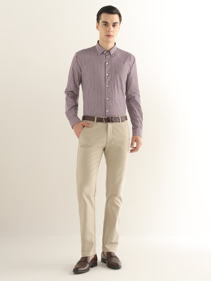 Hancock Men White & Maroon Striped Pure Cotton Slim Fit Formal Shirt