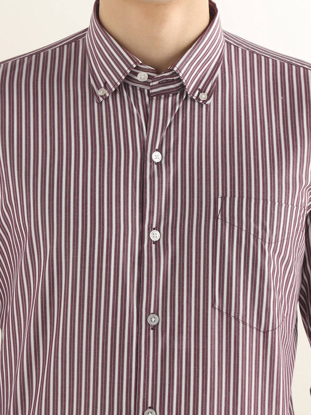Hancock Men White & Maroon Striped Pure Cotton Slim Fit Formal Shirt
