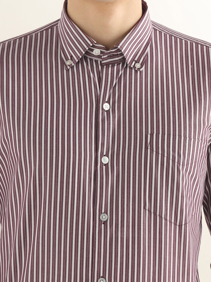 Hancock Men White & Maroon Striped Pure Cotton Slim Fit Formal Shirt