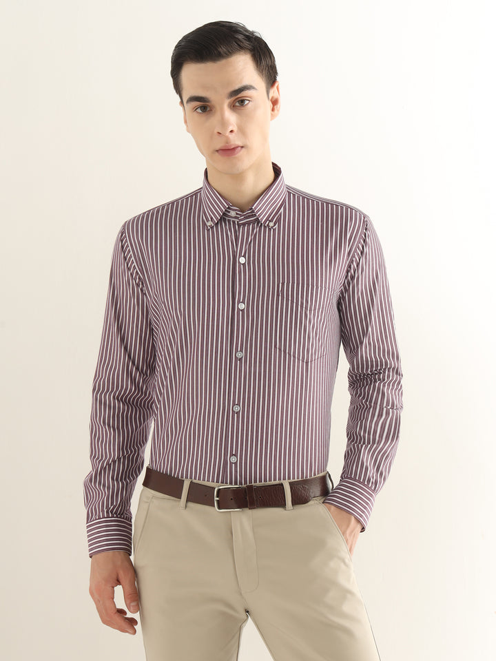 Hancock Men White & Maroon Striped Pure Cotton Slim Fit Formal Shirt