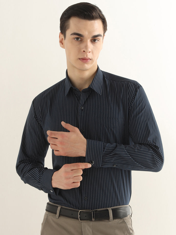 Hancock Men Navy Blue Striped Pure Cotton Slim Fit Formal Shirt