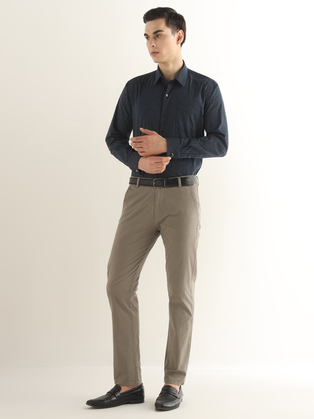 Hancock Men Navy Blue Striped Pure Cotton Slim Fit Formal Shirt