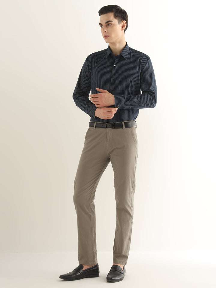 Hancock Men Navy Blue Striped Pure Cotton Slim Fit Formal Shirt