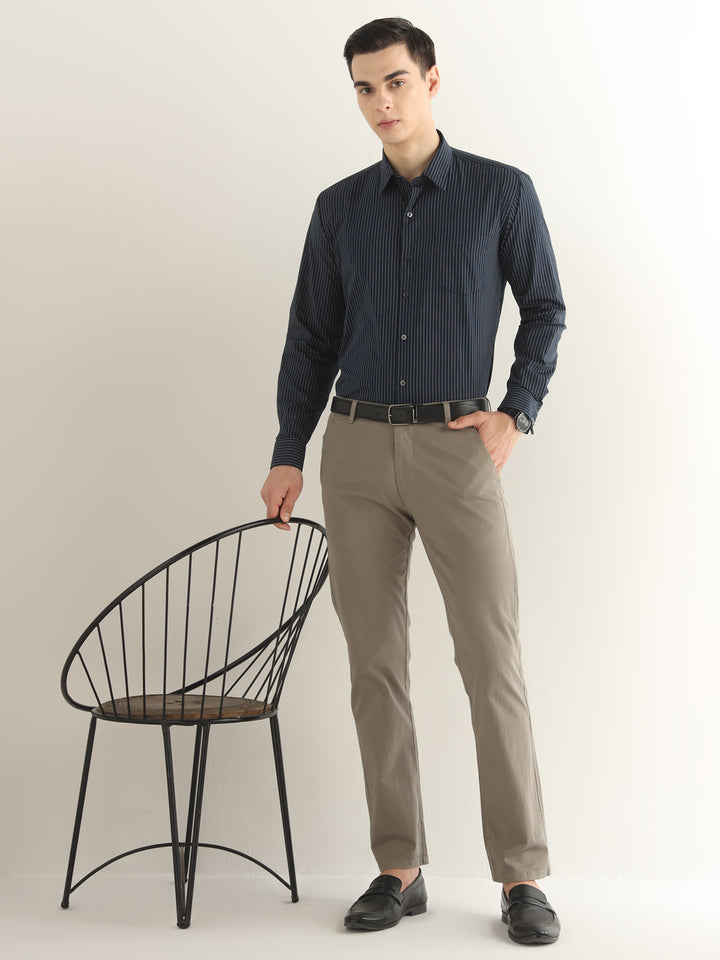 Hancock Men Navy Blue Striped Pure Cotton Slim Fit Formal Shirt