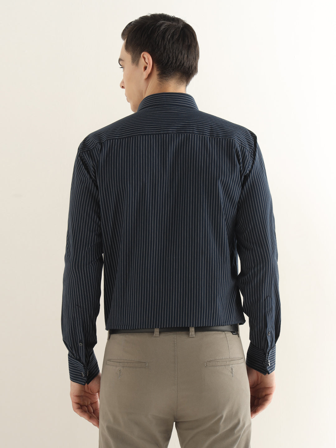 Hancock Men Navy Blue Striped Pure Cotton Slim Fit Formal Shirt