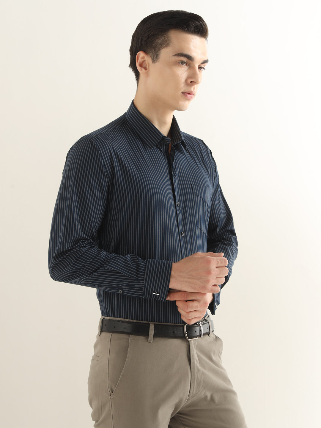 Hancock Men Navy Blue Striped Pure Cotton Slim Fit Formal Shirt