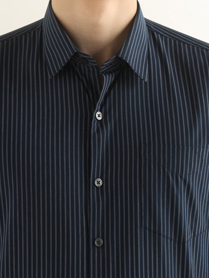 Hancock Men Navy Blue Striped Pure Cotton Slim Fit Formal Shirt