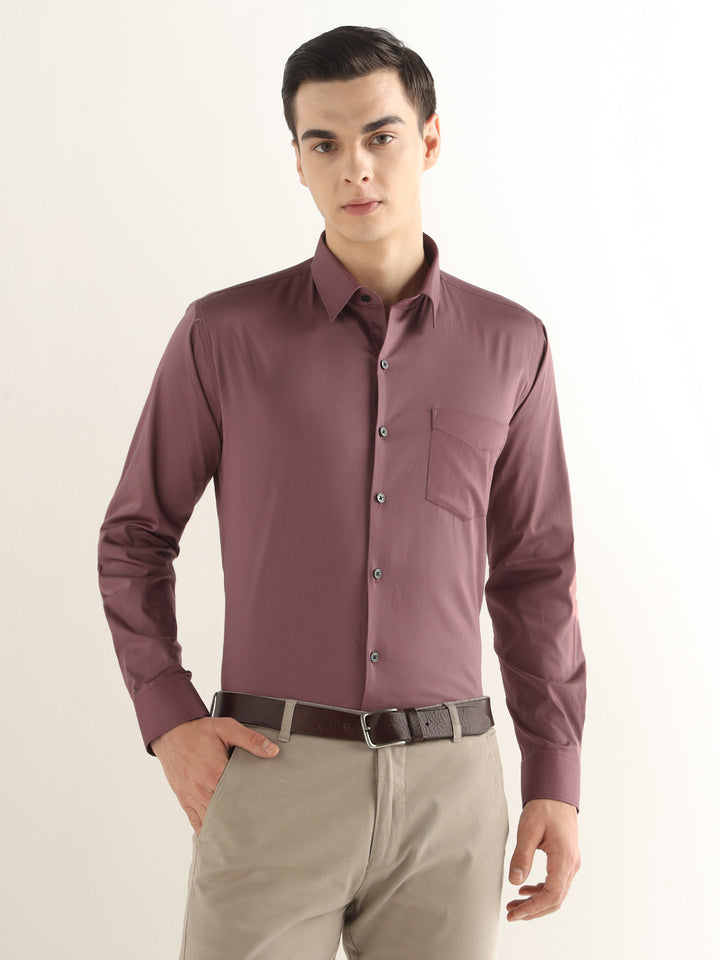 Hancock Men Taupe Mauve Solid Cotton Blend Slim Fit Formal Shirt