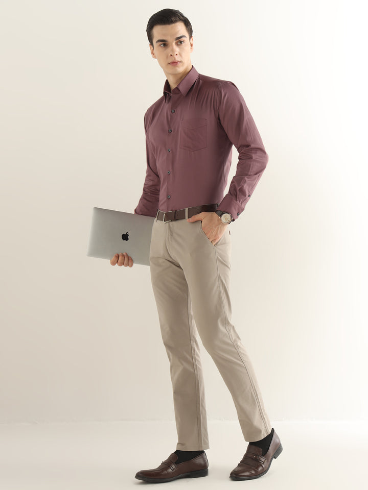 Hancock Men Taupe Mauve Solid Cotton Blend Slim Fit Formal Shirt