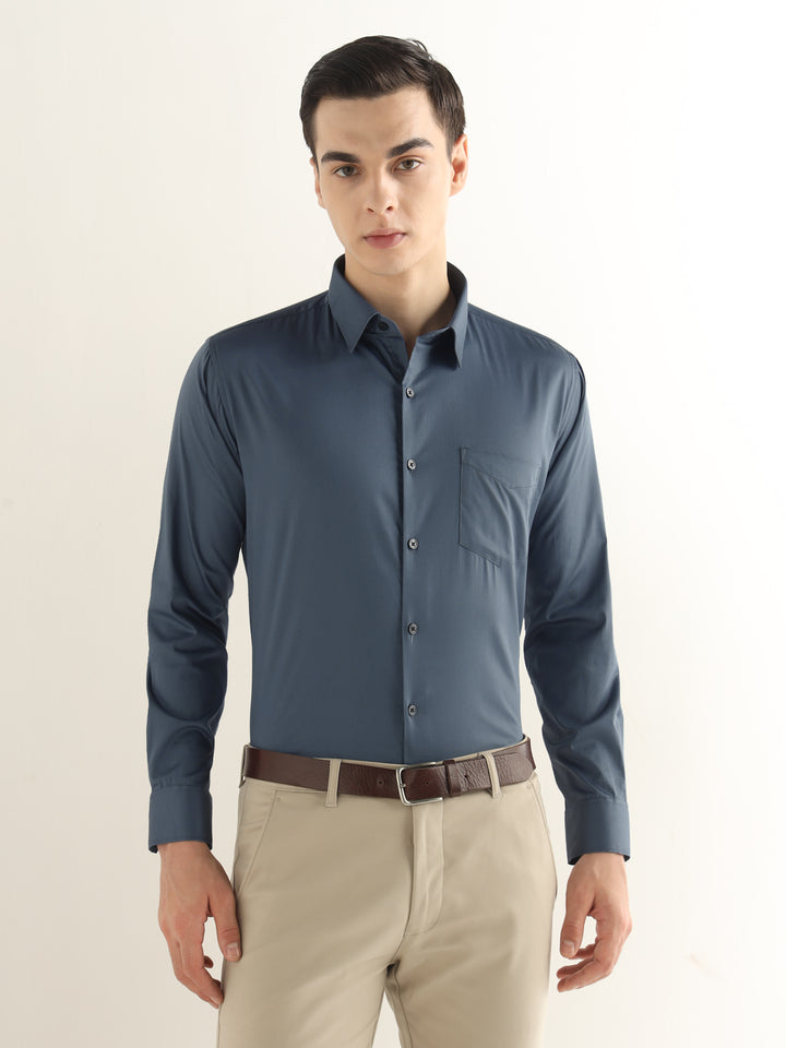 Hancock Men Slate Blue Solid Cotton Blend Slim Fit Formal Shirt