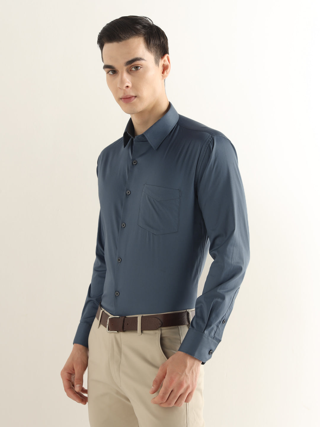 Hancock Men Slate Blue Solid Cotton Blend Slim Fit Formal Shirt