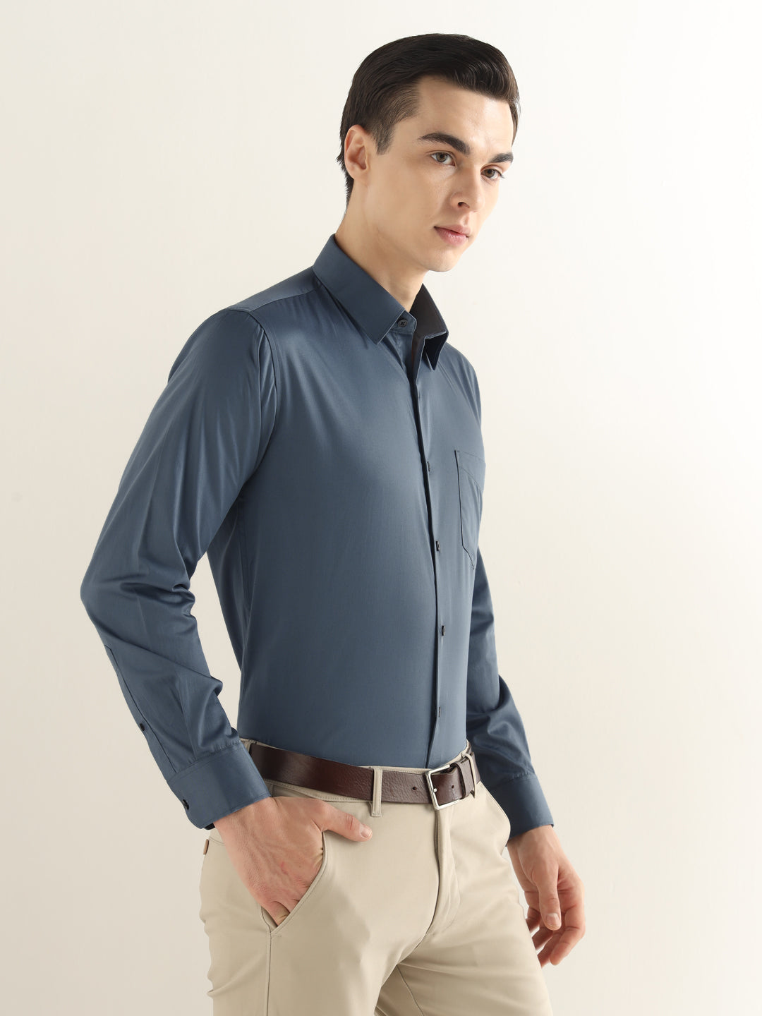 Hancock Men Slate Blue Solid Cotton Blend Slim Fit Formal Shirt