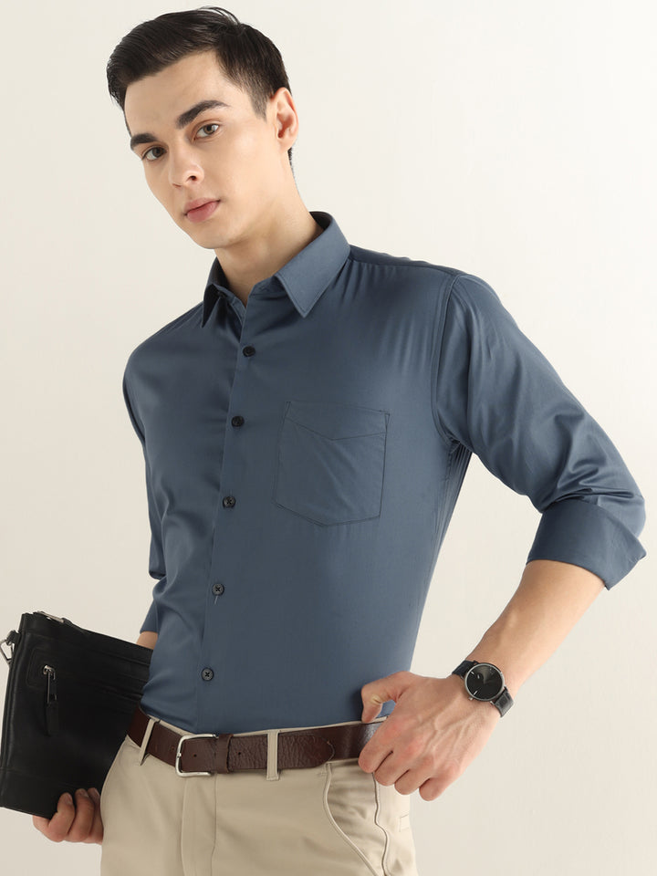 Hancock Men Slate Blue Solid Cotton Blend Slim Fit Formal Shirt