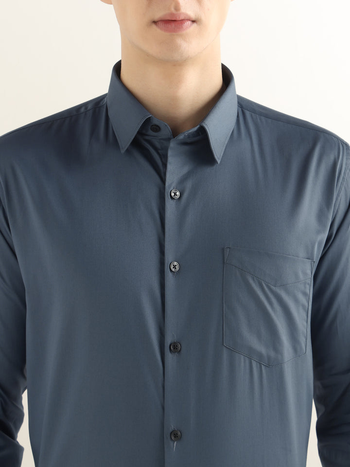 Hancock Men Slate Blue Solid Cotton Blend Slim Fit Formal Shirt