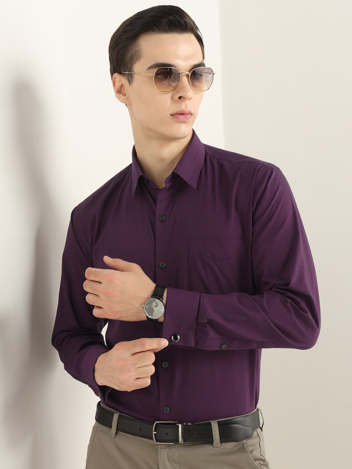 Hancock Men Purple Solid Pure Cotton Slim Fit Formal Shirt