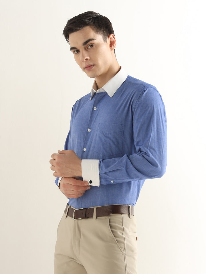 Hancock Men Blue Solid Pure Cotton Slim Fit Formal Shirt