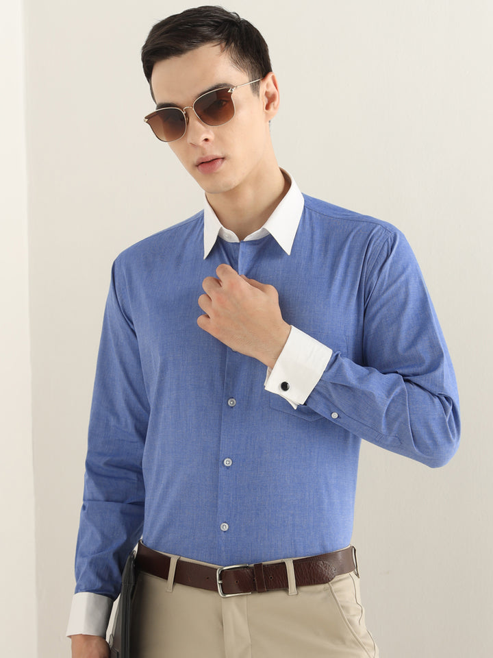 Hancock Men Blue Solid Pure Cotton Slim Fit Formal Shirt