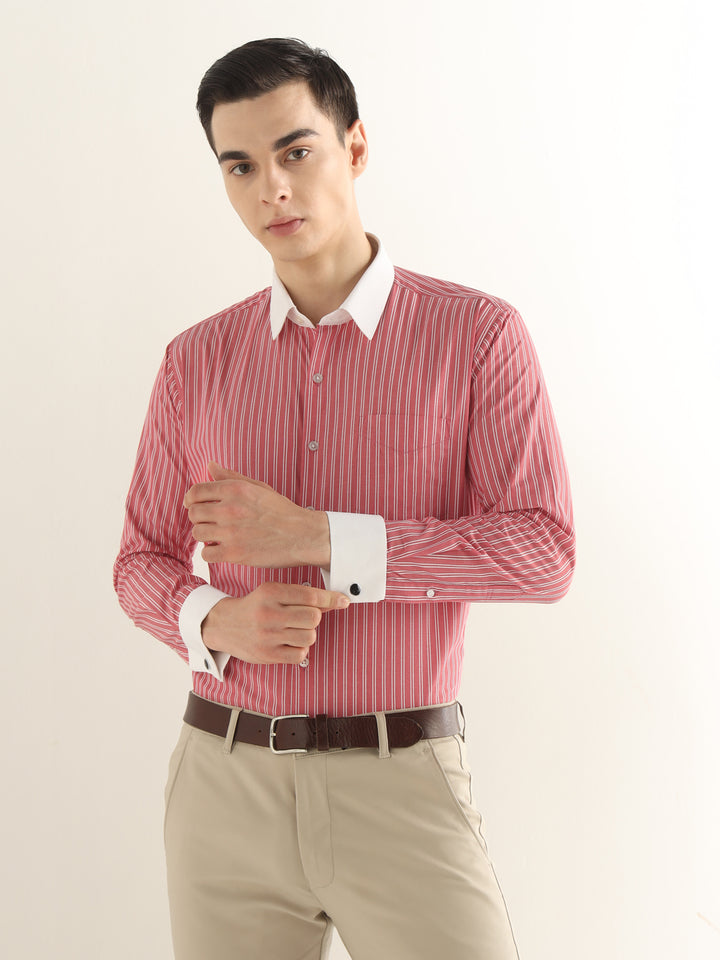 Hancock Men Red Striped Pure Cotton Slim Fit Formal Shirt