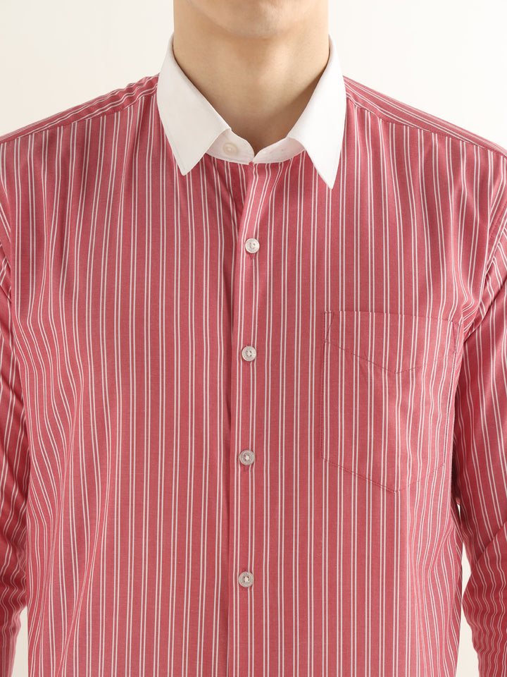 Hancock Men Red Striped Pure Cotton Slim Fit Formal Shirt