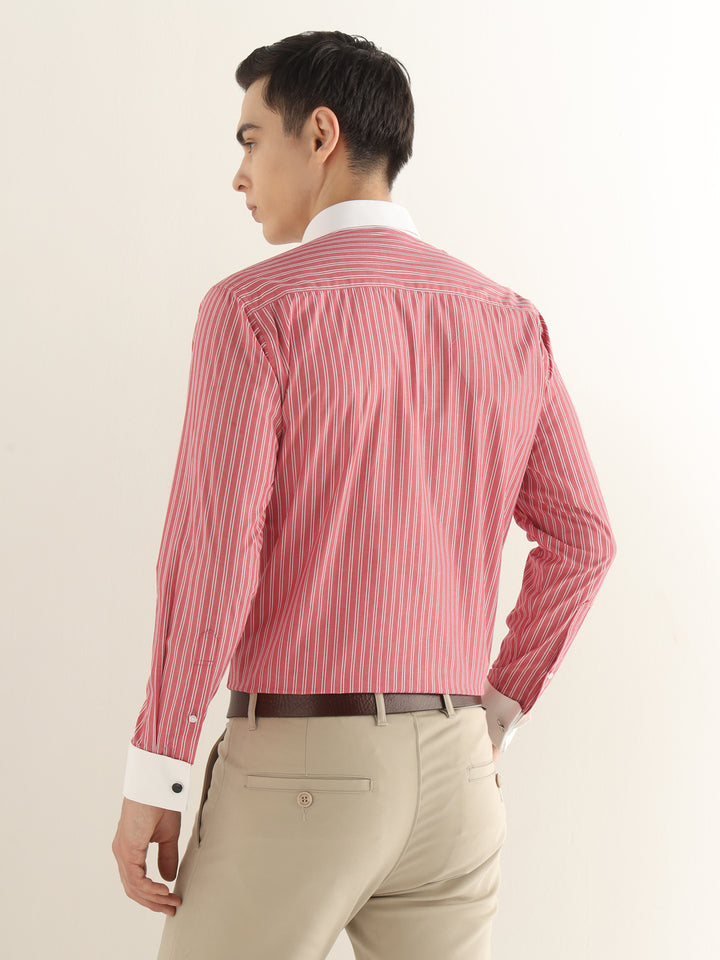 Hancock Men Red Striped Pure Cotton Slim Fit Formal Shirt