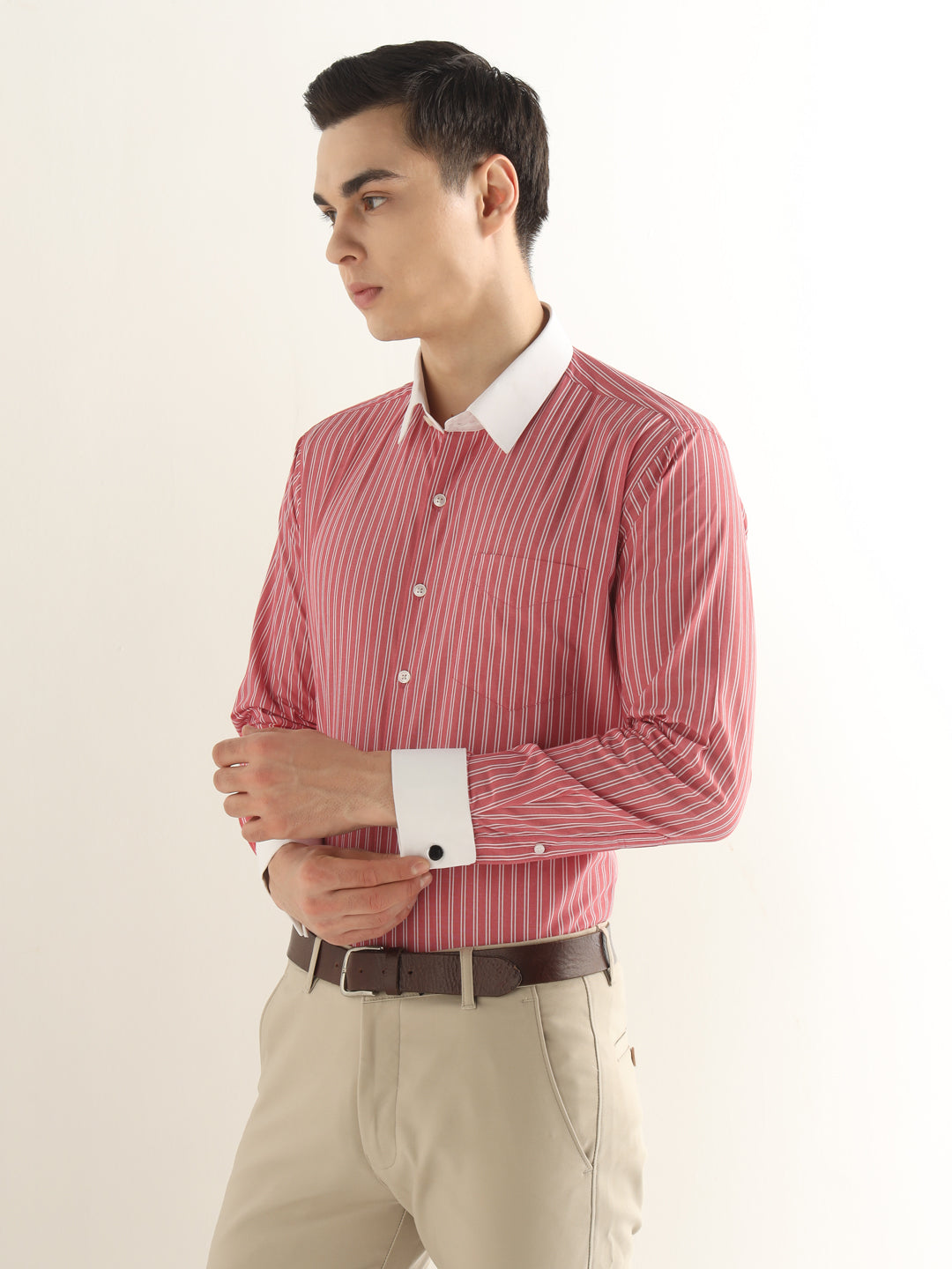 Hancock Men Red Striped Pure Cotton Slim Fit Formal Shirt