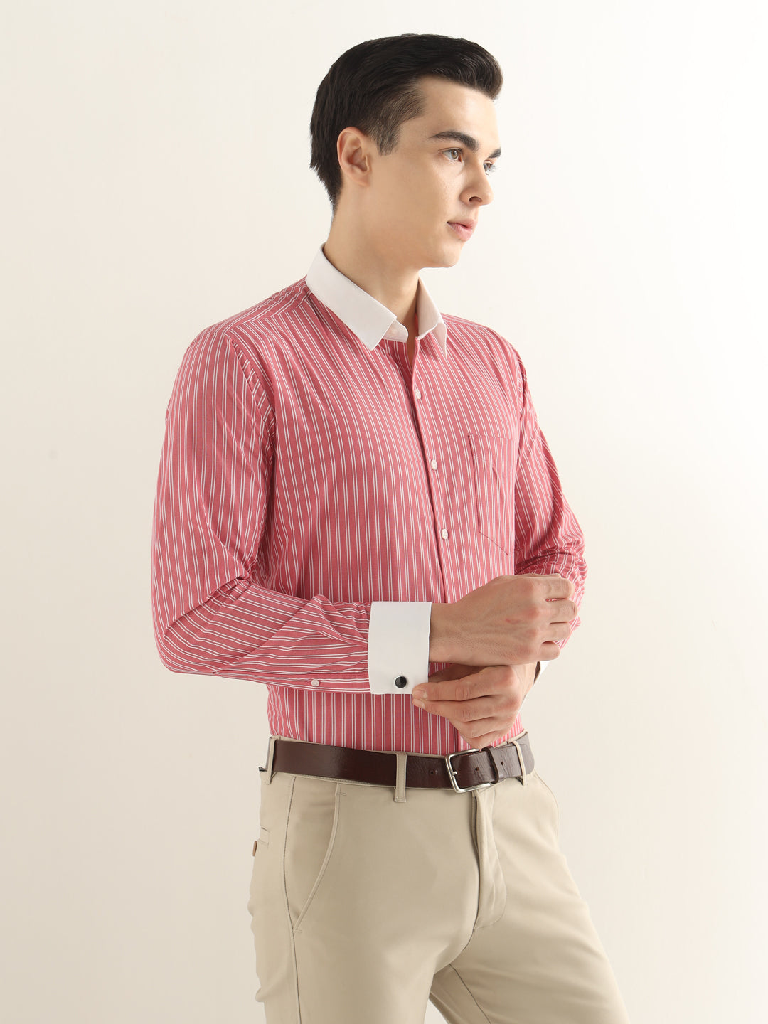 Hancock Men Red Striped Pure Cotton Slim Fit Formal Shirt