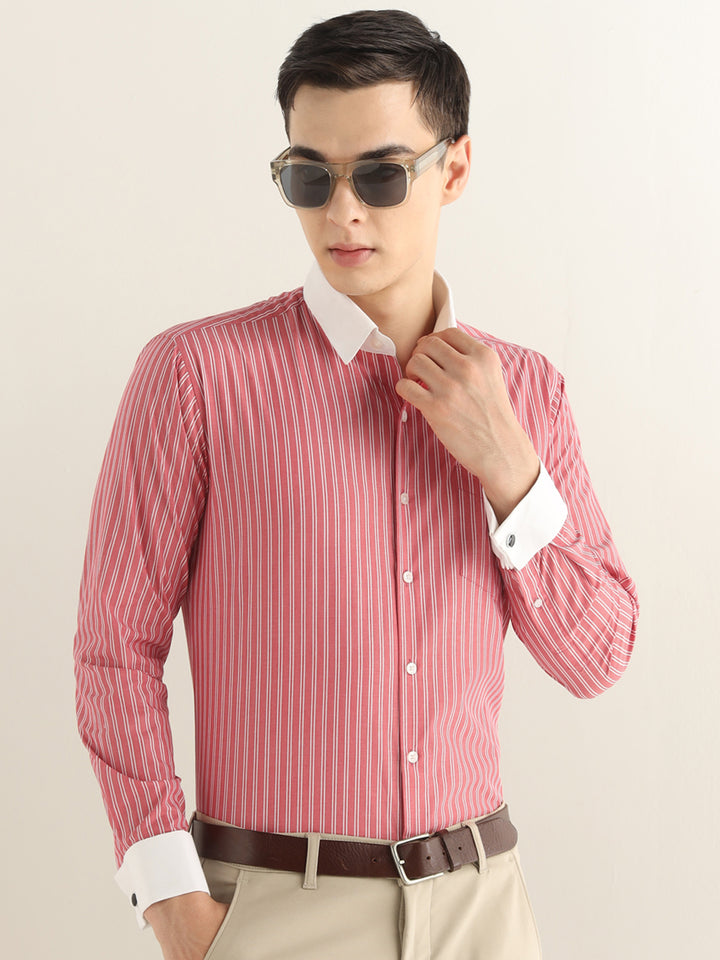 Hancock Men Red Striped Pure Cotton Slim Fit Formal Shirt