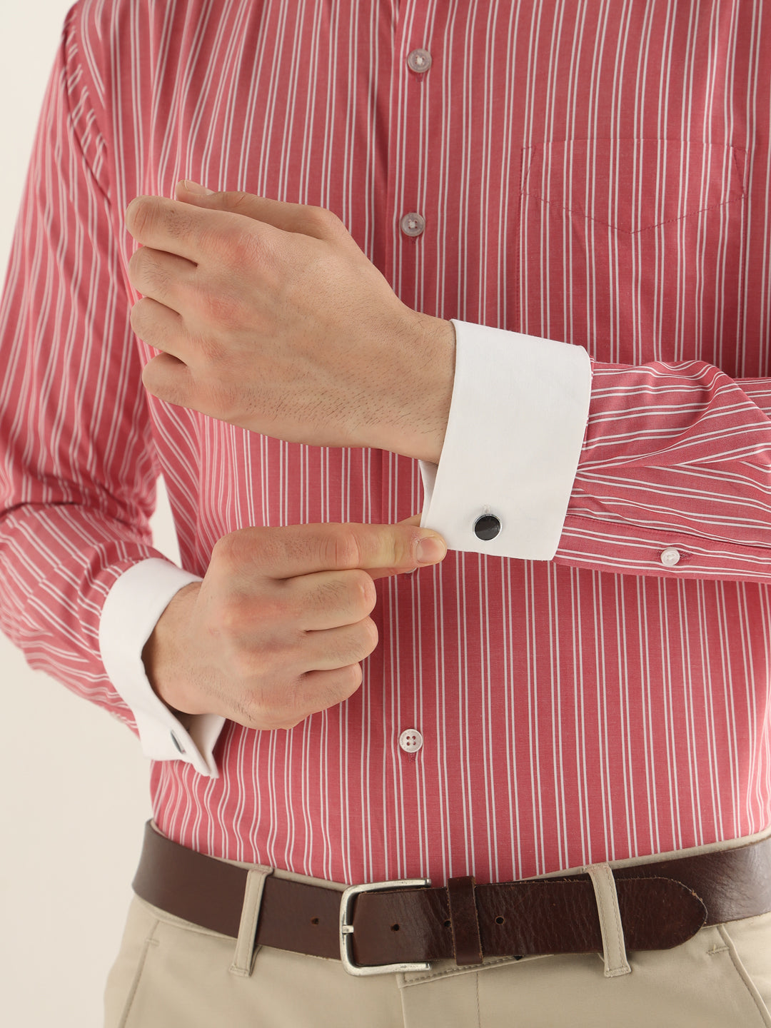 Hancock Men Red Striped Pure Cotton Slim Fit Formal Shirt
