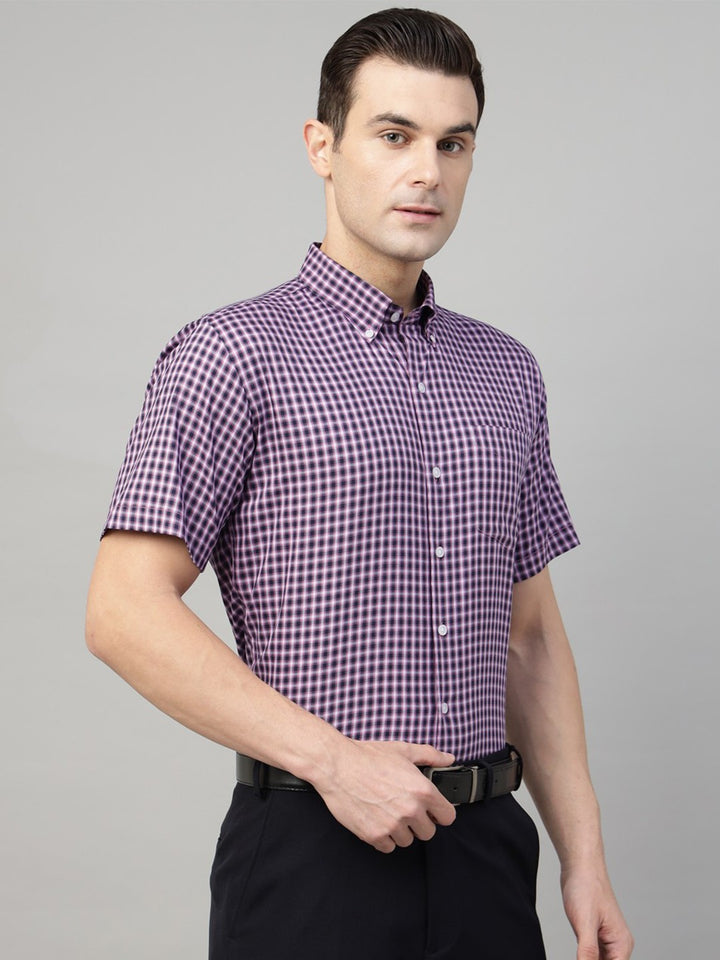 Men Purple & Navy Check Cotton Slim Fit Formal Shirt